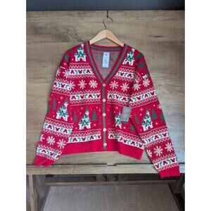 Disney Cardigan Sweater Women Large Red Cream Mickey Mouse Icon Button Front NWT